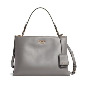 New Authentic Prada  Calfskin Leather Satchel Medium Gray Gold
